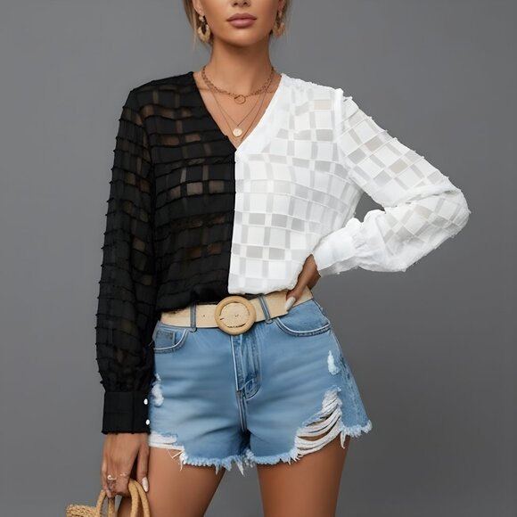 Tops - Black And White Sheer Neck V Blouse